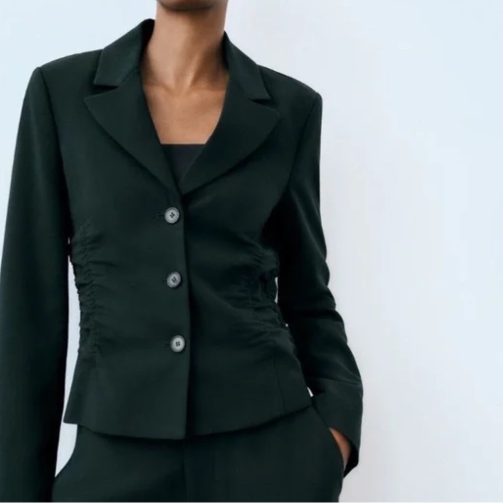 Zara Dark Green Ruched-Side Tailored Blazer